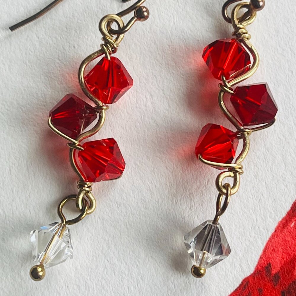 Swarovski Crystal Siam Red, Ruby Red, & Crystal AB, Wire Wrap Dangle Earrings